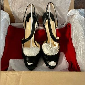 Christian Louboutin cross strap 120mm Slingback blk leather platform peep pump